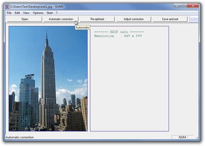 Главное окно ShiftN с загруженной фотографией и панелью EXIF