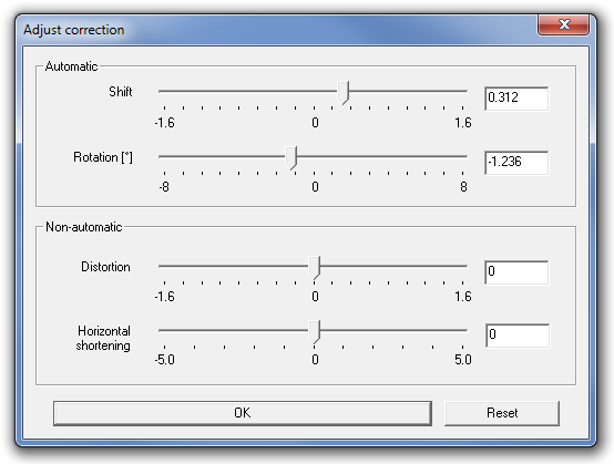 Окно Adjust correction в ShiftN с параметрами Shift, Rotation, Distortion и Horizontal shortening