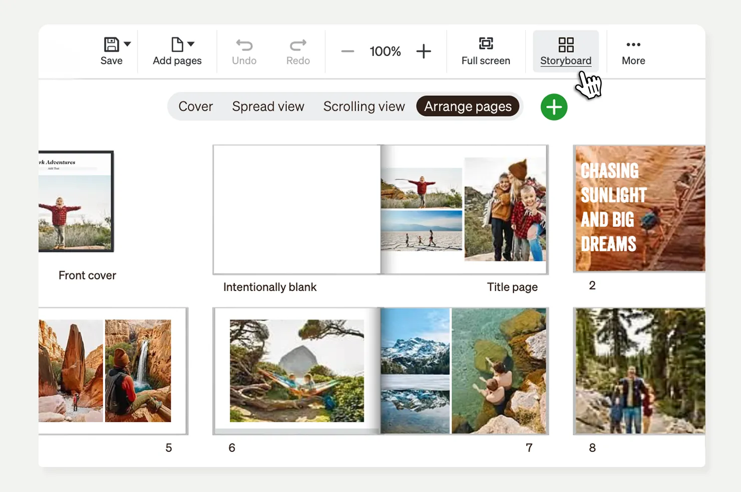 Arrange Pages и миниатюры разворотов Shutterfly Photo Book