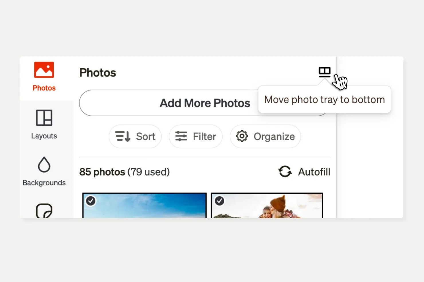Фотолента Shutterfly Photo Book и команда перемещения панели вниз