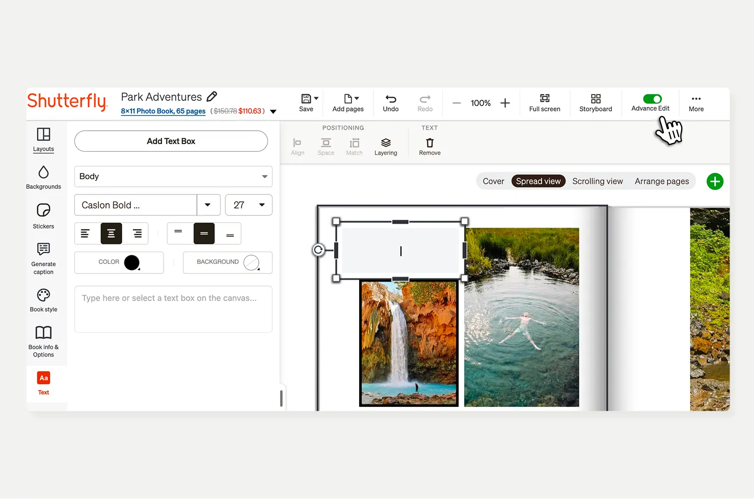 Рабочая область Shutterfly Photo Book с панелью Advanced Editing
