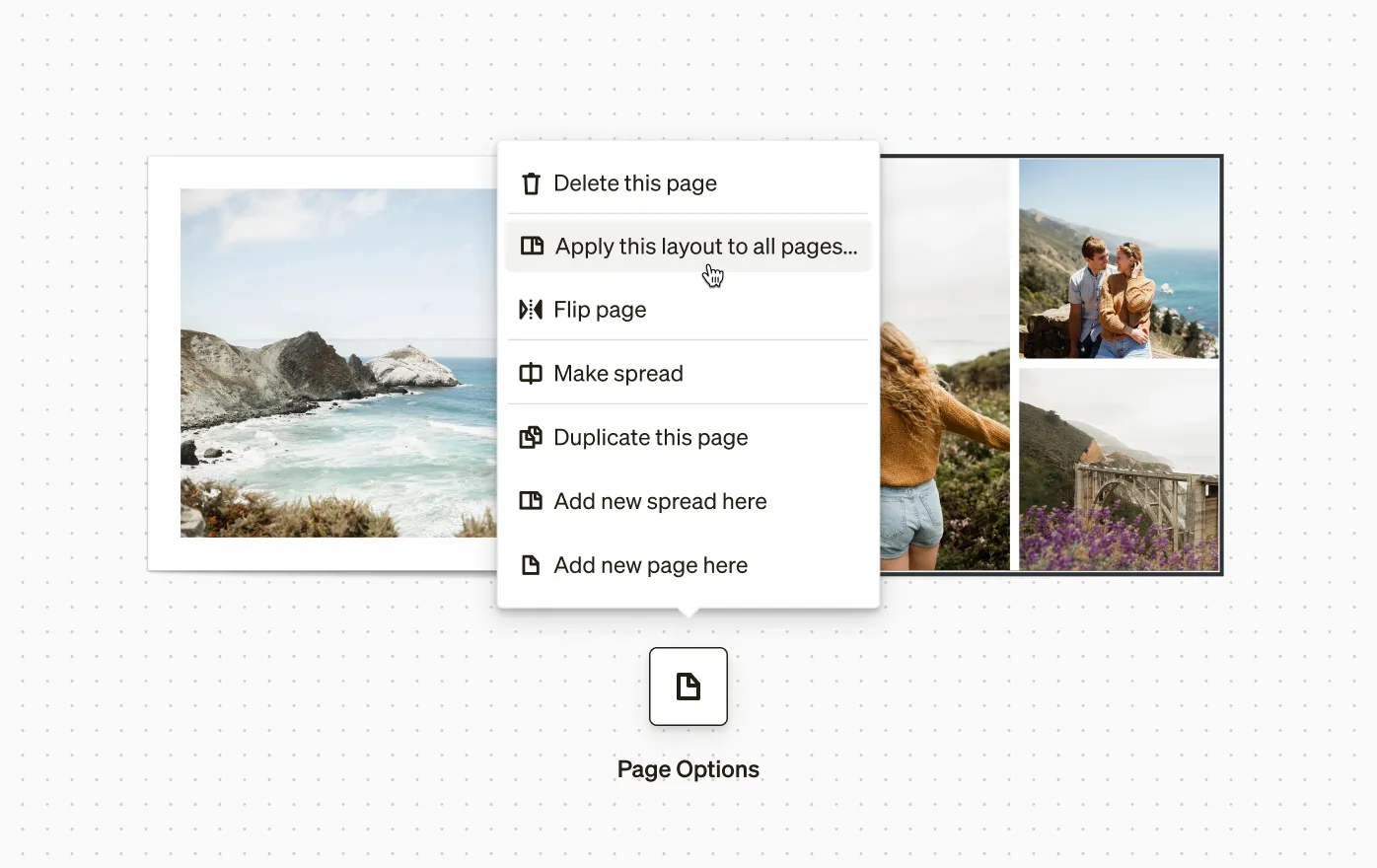 Меню Page Options с дублированием и изменением разворота