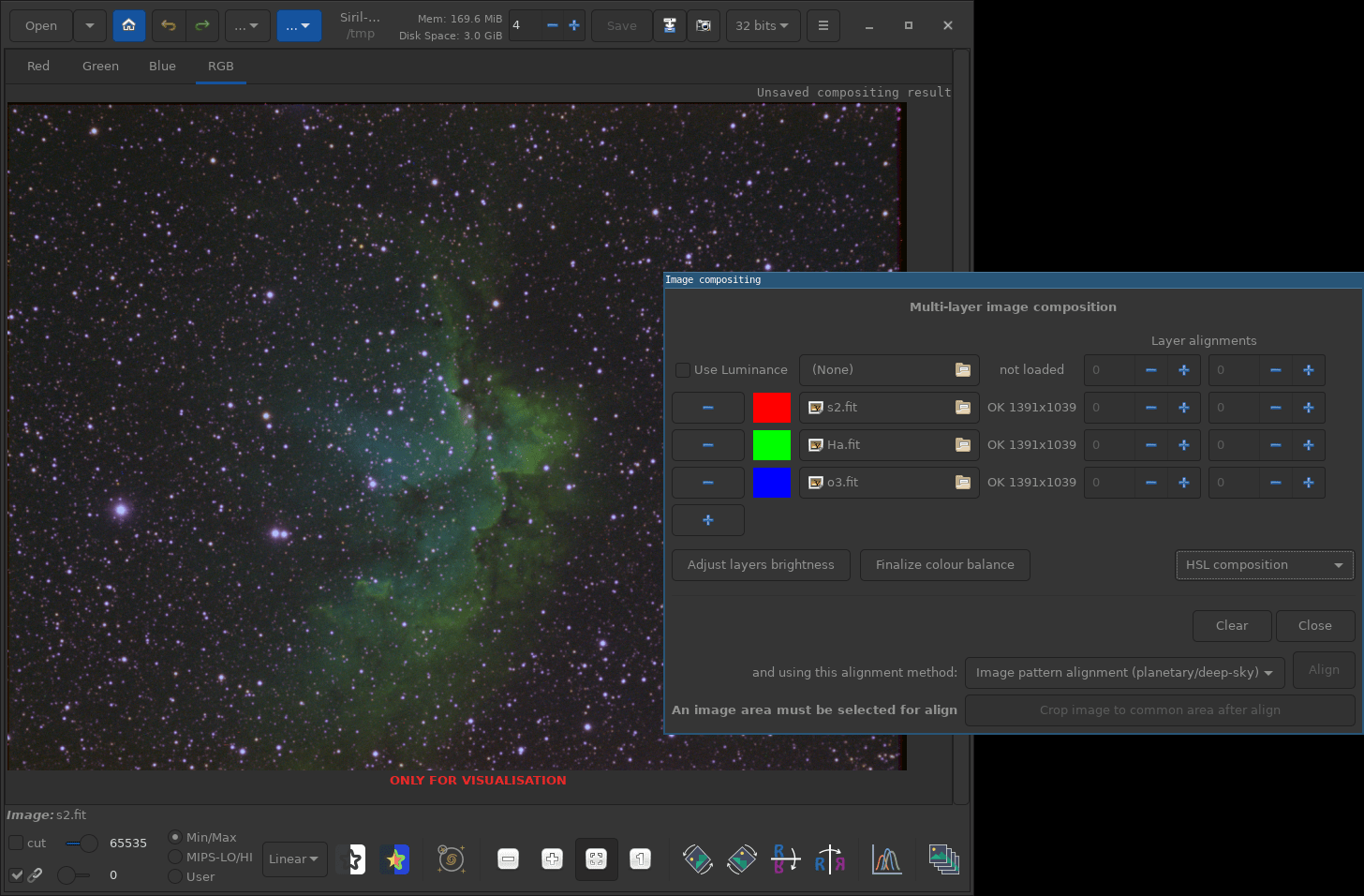 Окно Siril и инструмент RGB Composition