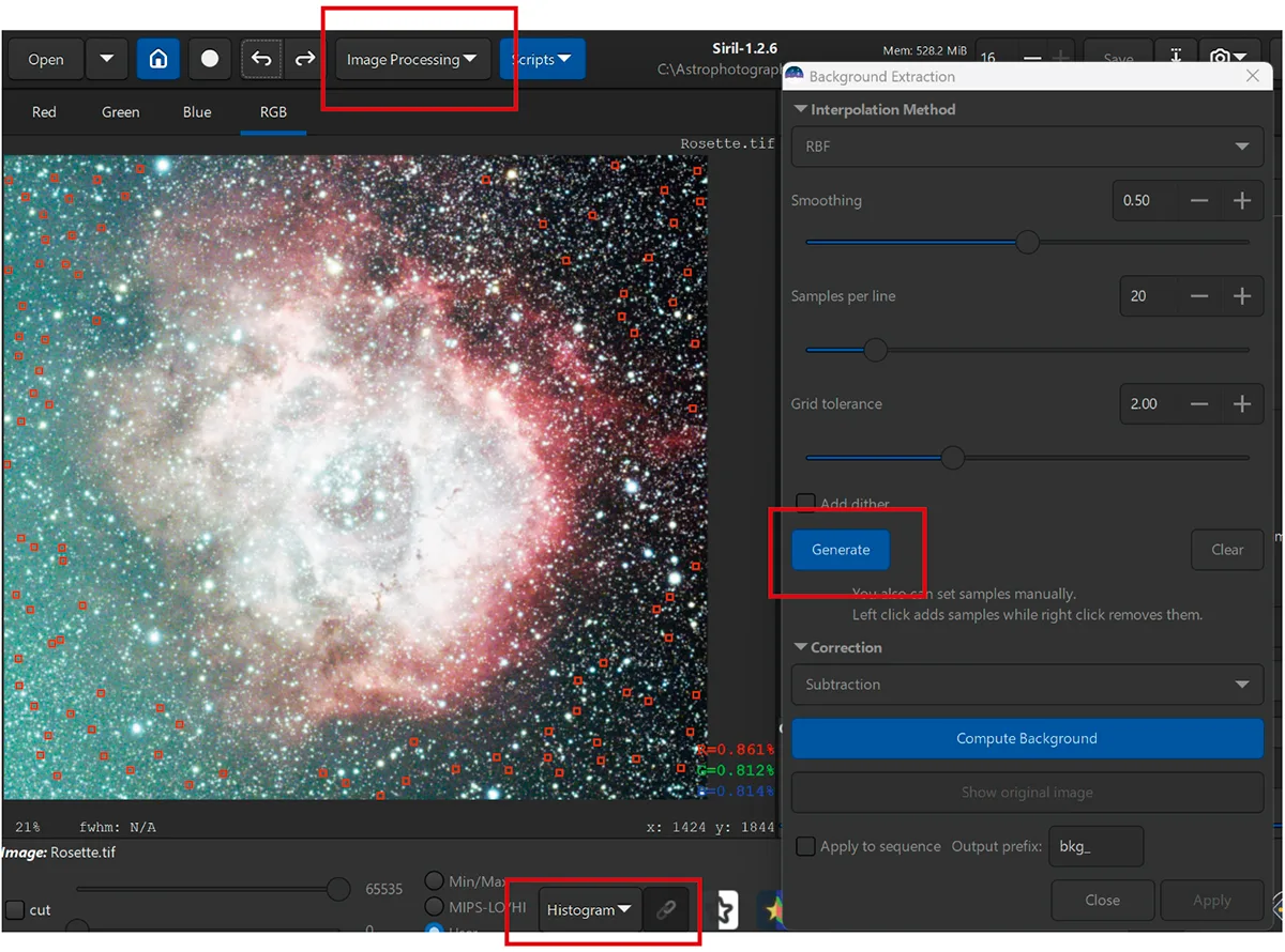 Окно Background Extraction в Siril с методом RBF
