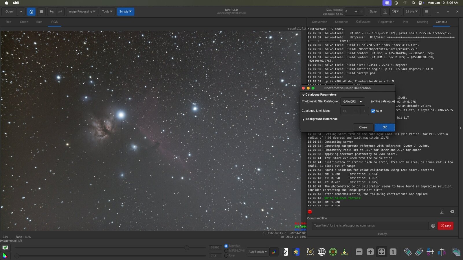 Photometric Color Calibration в Siril поверх звёздного поля