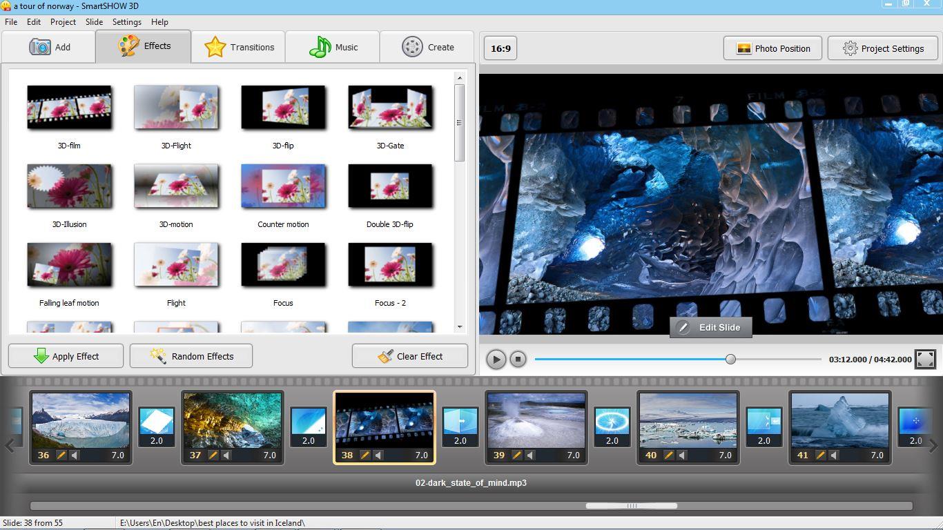 Галерея эффектов SmartSHOW 3D с предпросмотром результата
