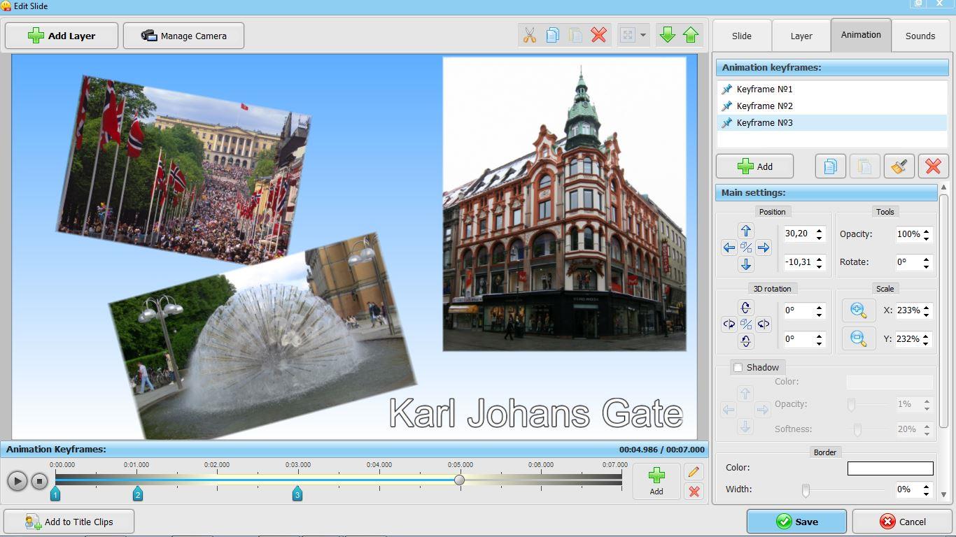 Редактор слайда SmartSHOW 3D со слоями и ключевыми кадрами