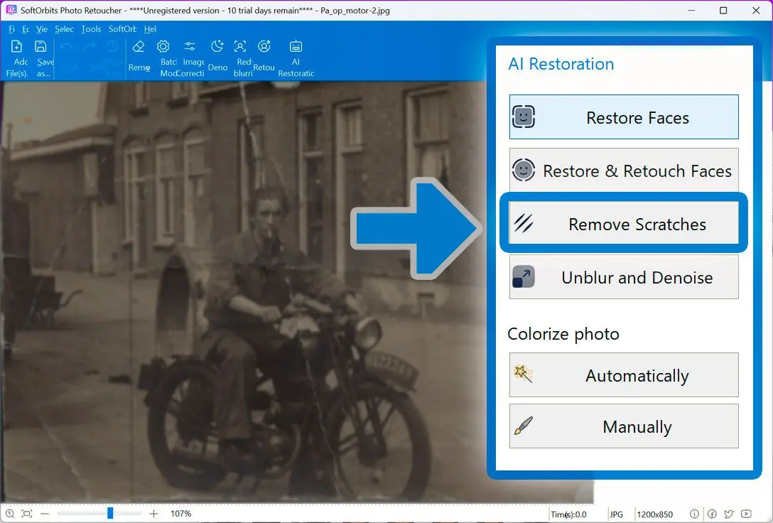 Photo Retoucher: панель AI Restoration с вариантами восстановления