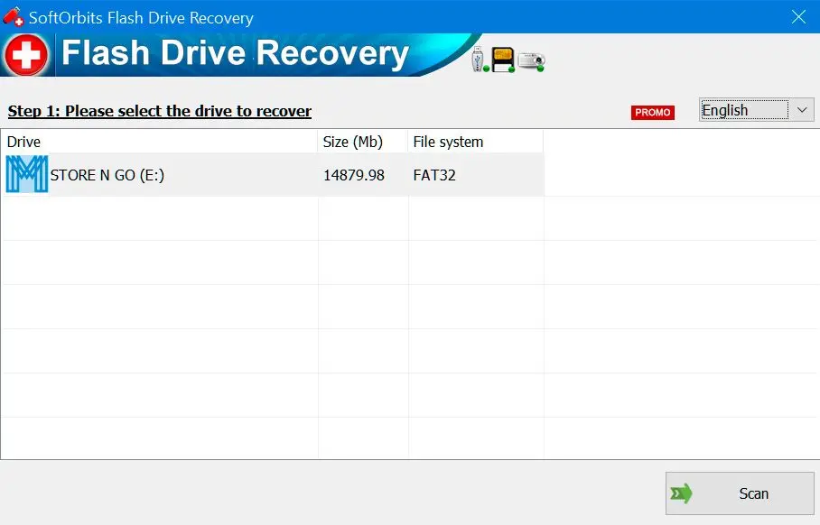 SoftOrbits Flash Drive Recovery: выбор накопителя перед сканированием