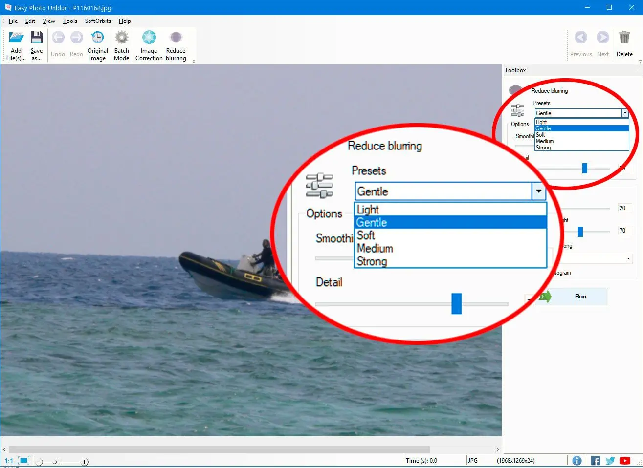 SoftOrbits Easy Photo Unblur: Пресеты Light, Gentle, Soft, Medium и Strong