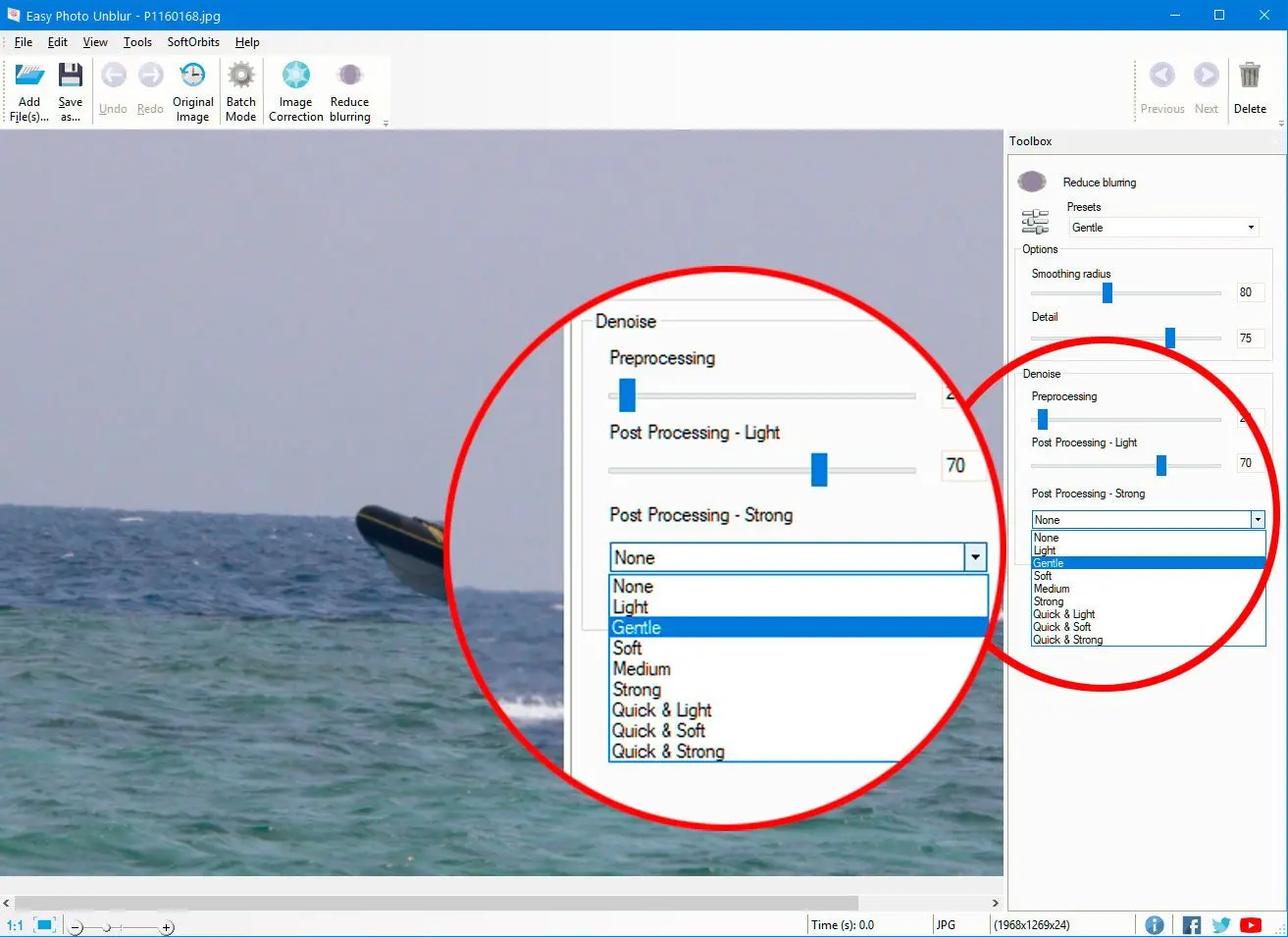 SoftOrbits Easy Photo Unblur: Denoise до и после восстановления резкости