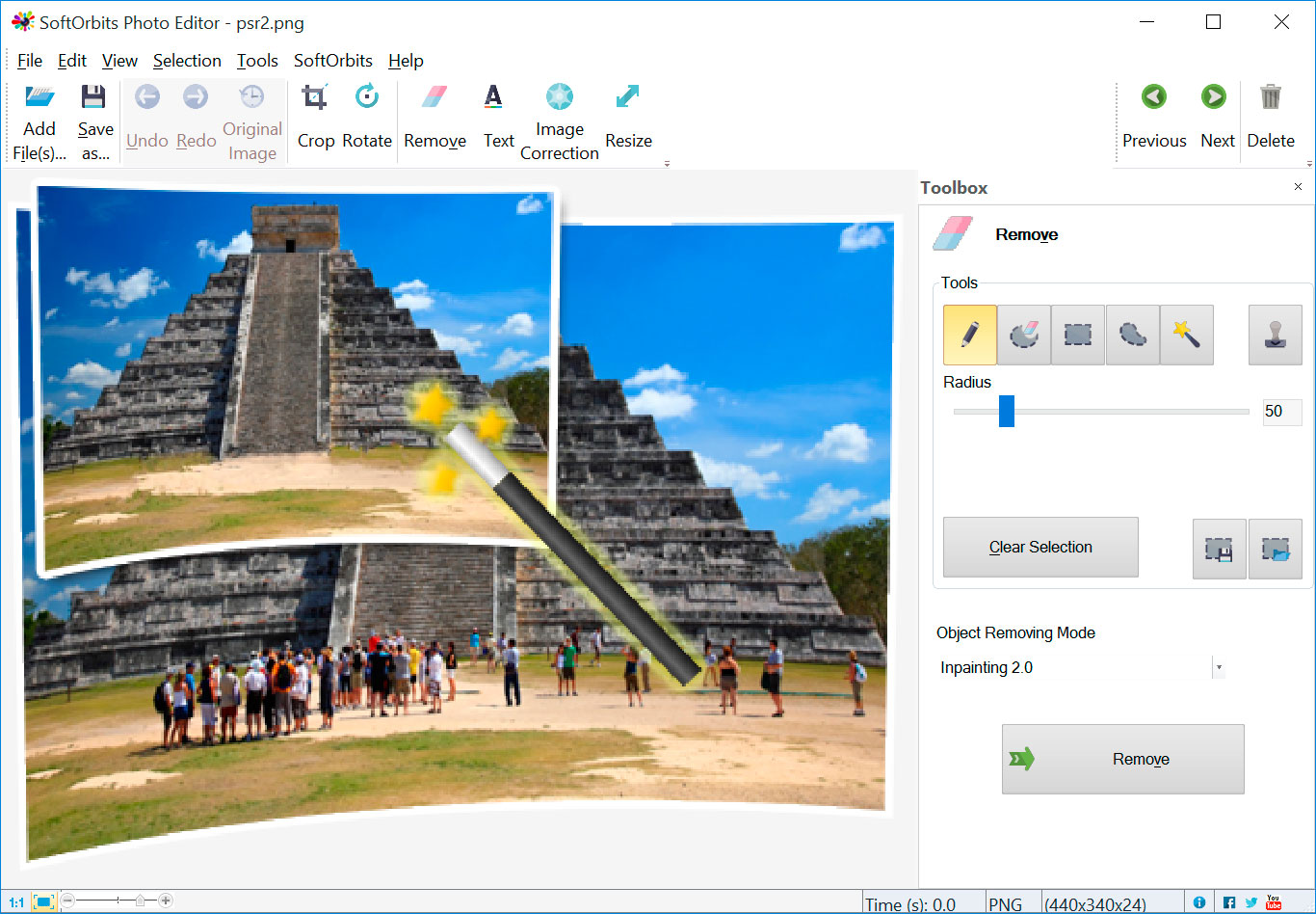 Инструмент Remove с режимом Inpainting в SoftOrbits Photo Editor