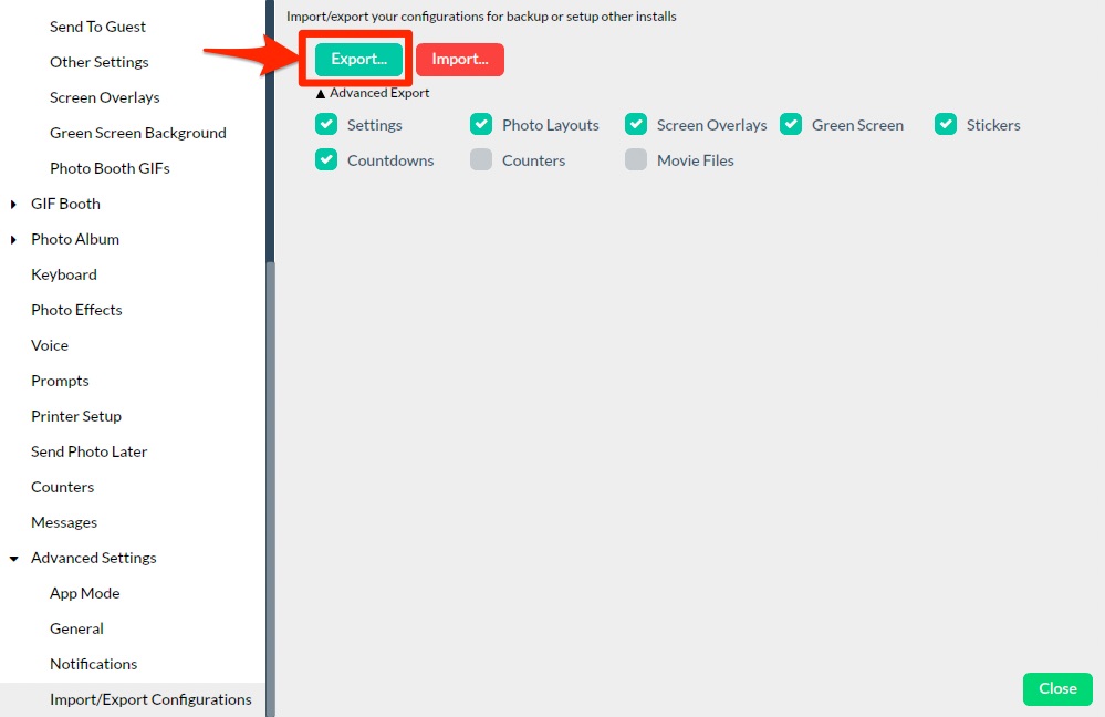 Экспорт конфигурации Sparkbooth в разделе Advanced Settings