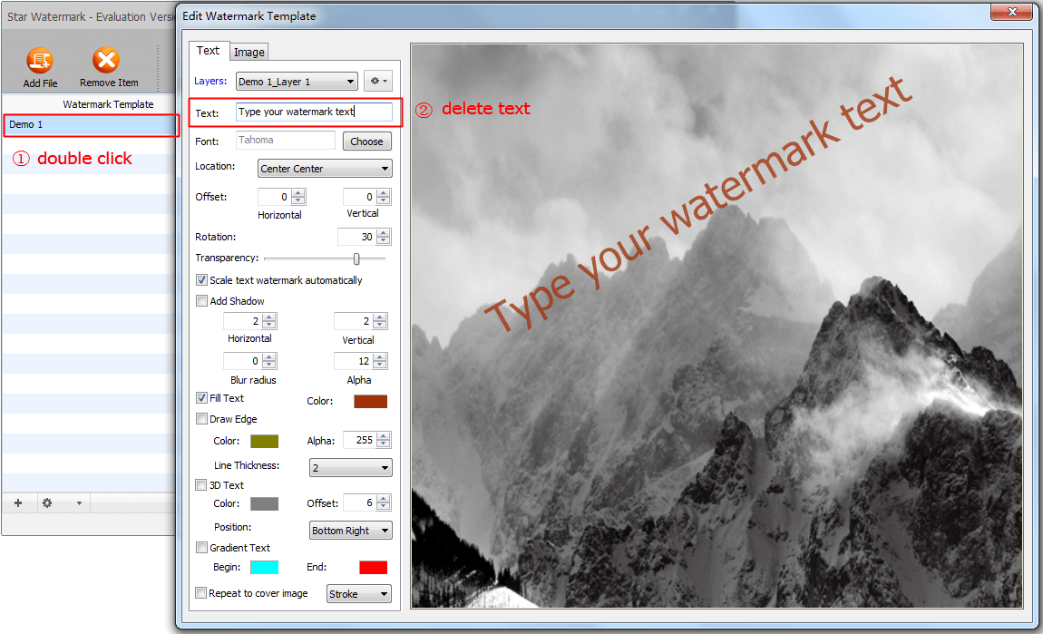 Редактор шаблона водяного знака Star Watermark в Windows