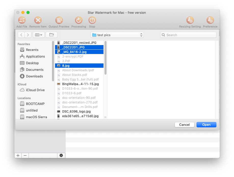 Системный выбор фотографий для добавления в Star Watermark на macOS