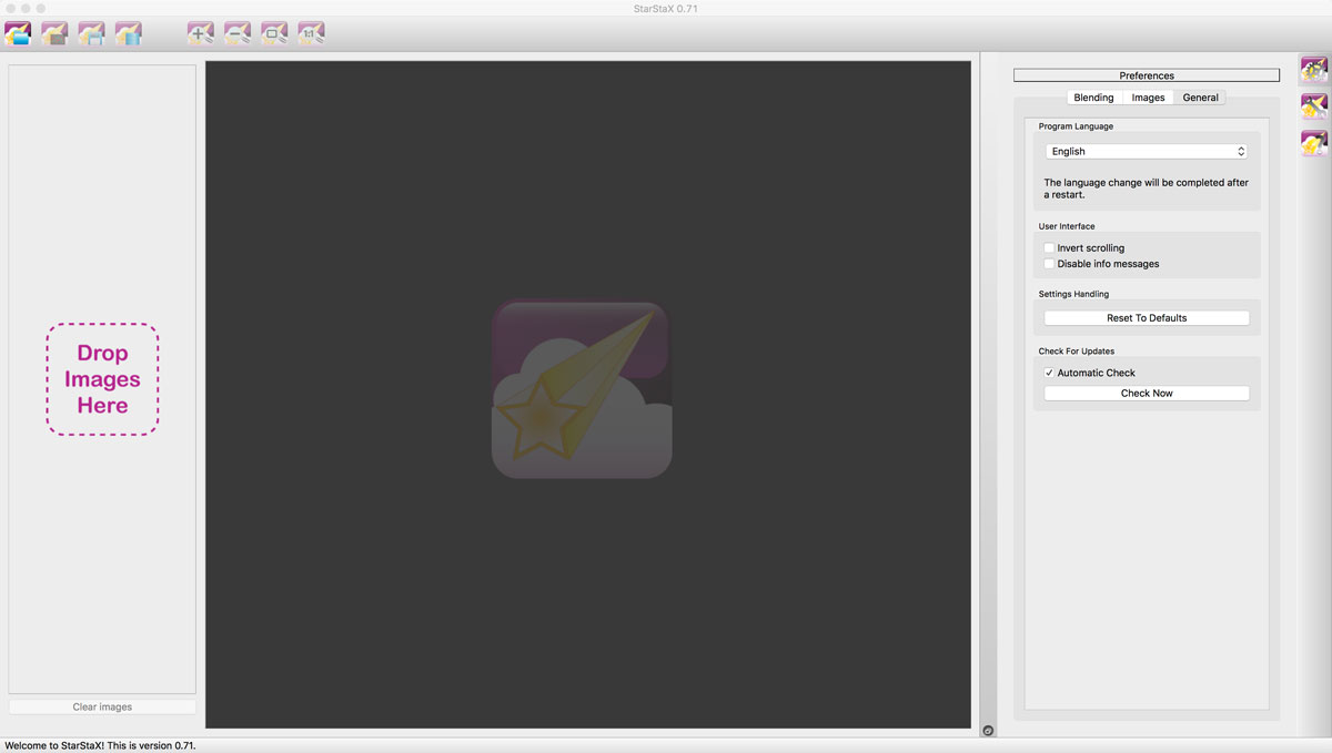 Главное окно StarStaX с панелью Preferences