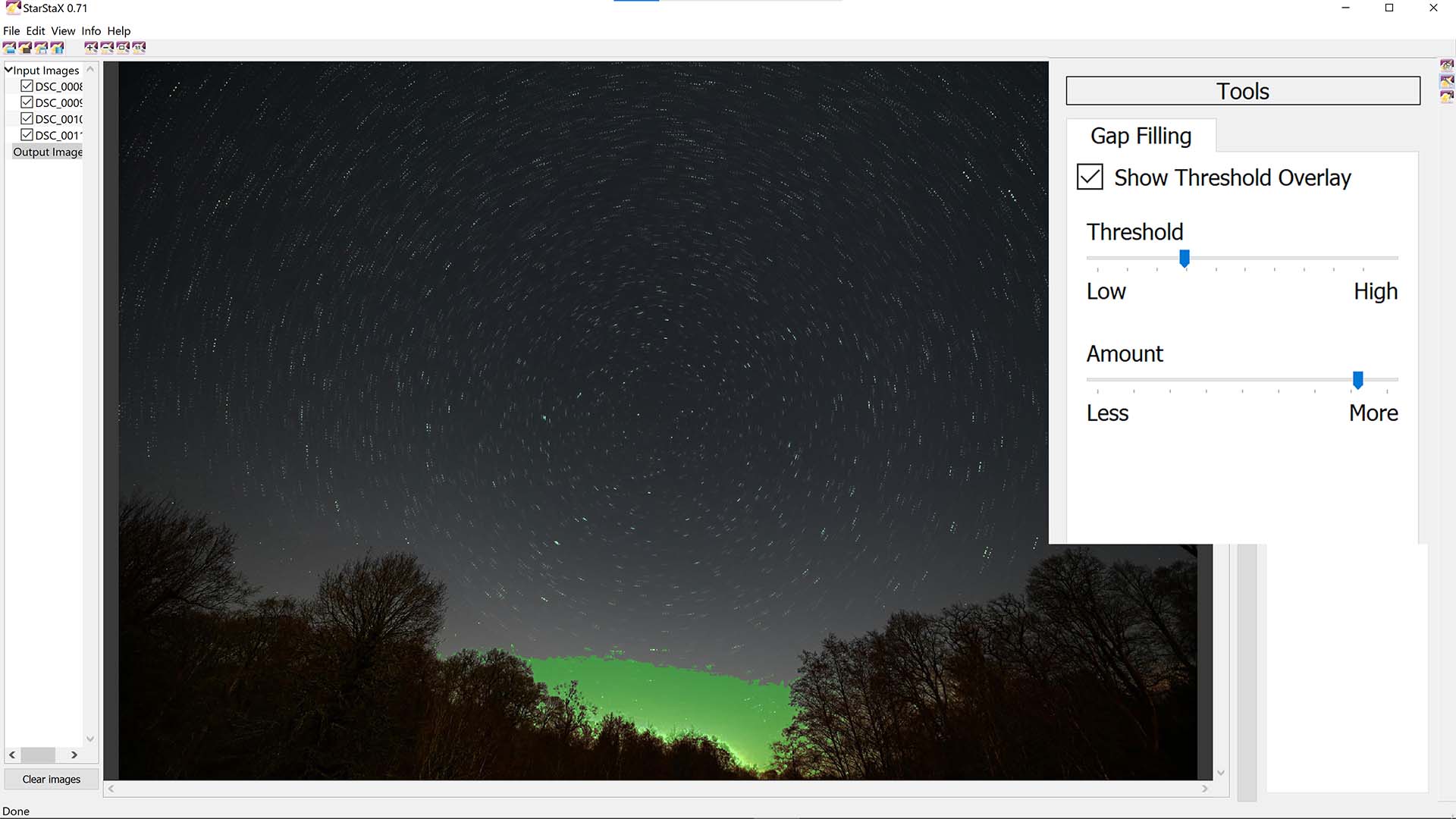 Панель Tools с Threshold Overlay в StarStaX