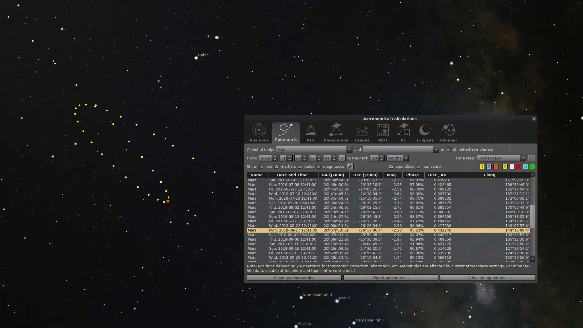 Stellarium AstroCalc: таблица эфемериды вместе с траекторией на карте неба