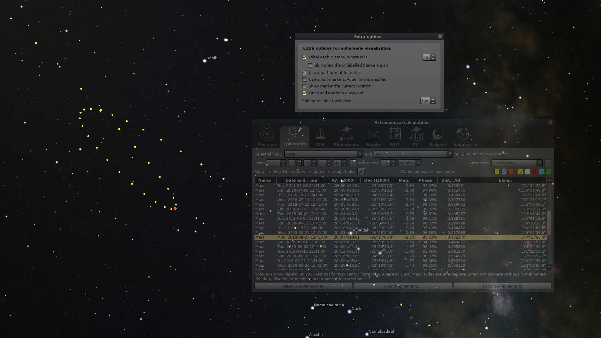 Stellarium AstroCalc: параметры отображения рассчитанной траектории на карте