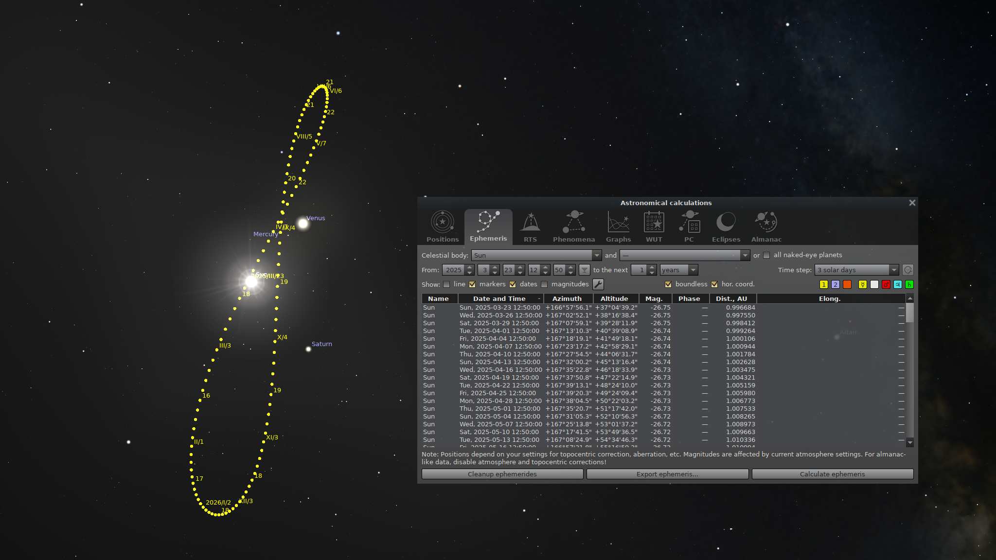 Stellarium AstroCalc: рассчитанная траектория объекта на небесной карте