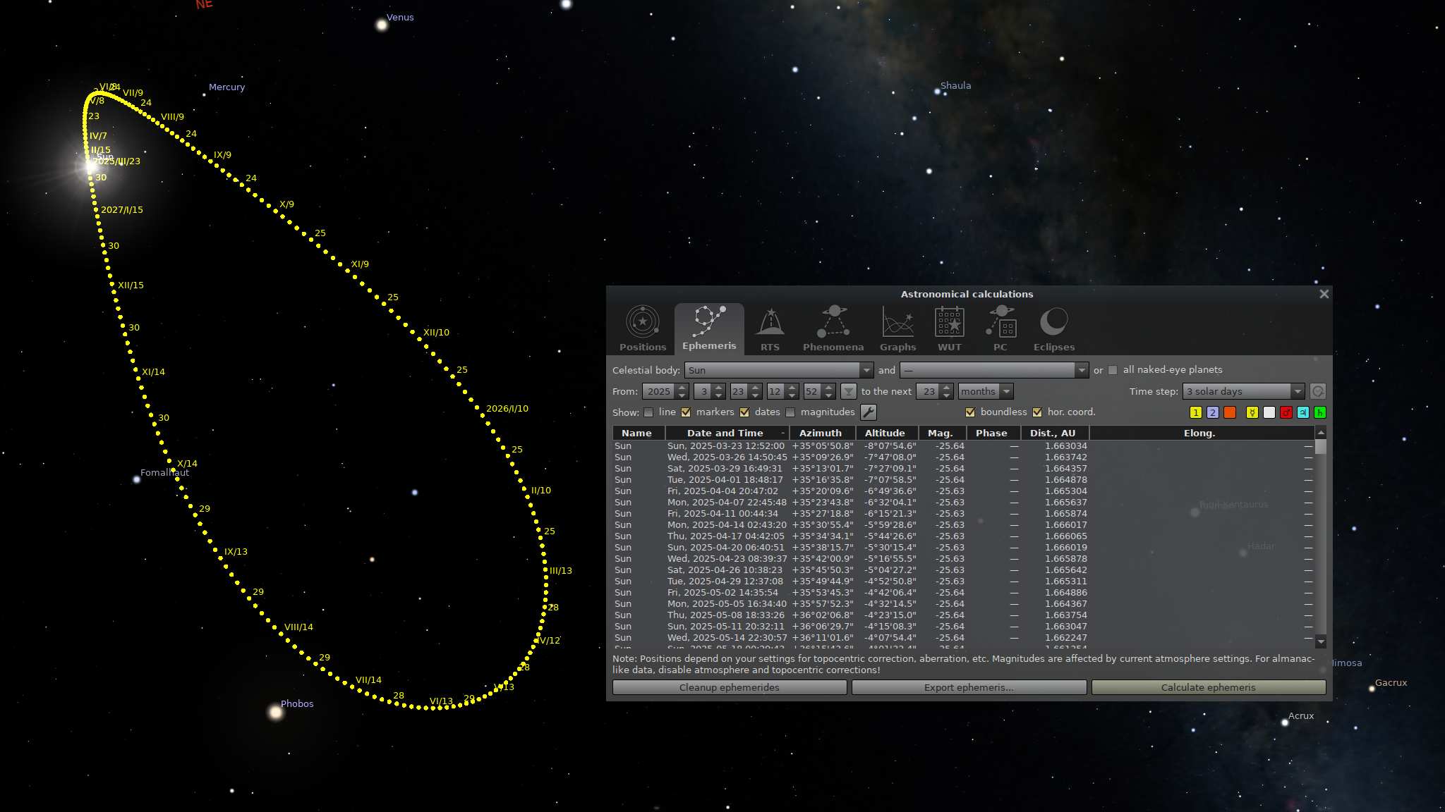 Stellarium AstroCalc: траектория с подписанными точками эфемериды
