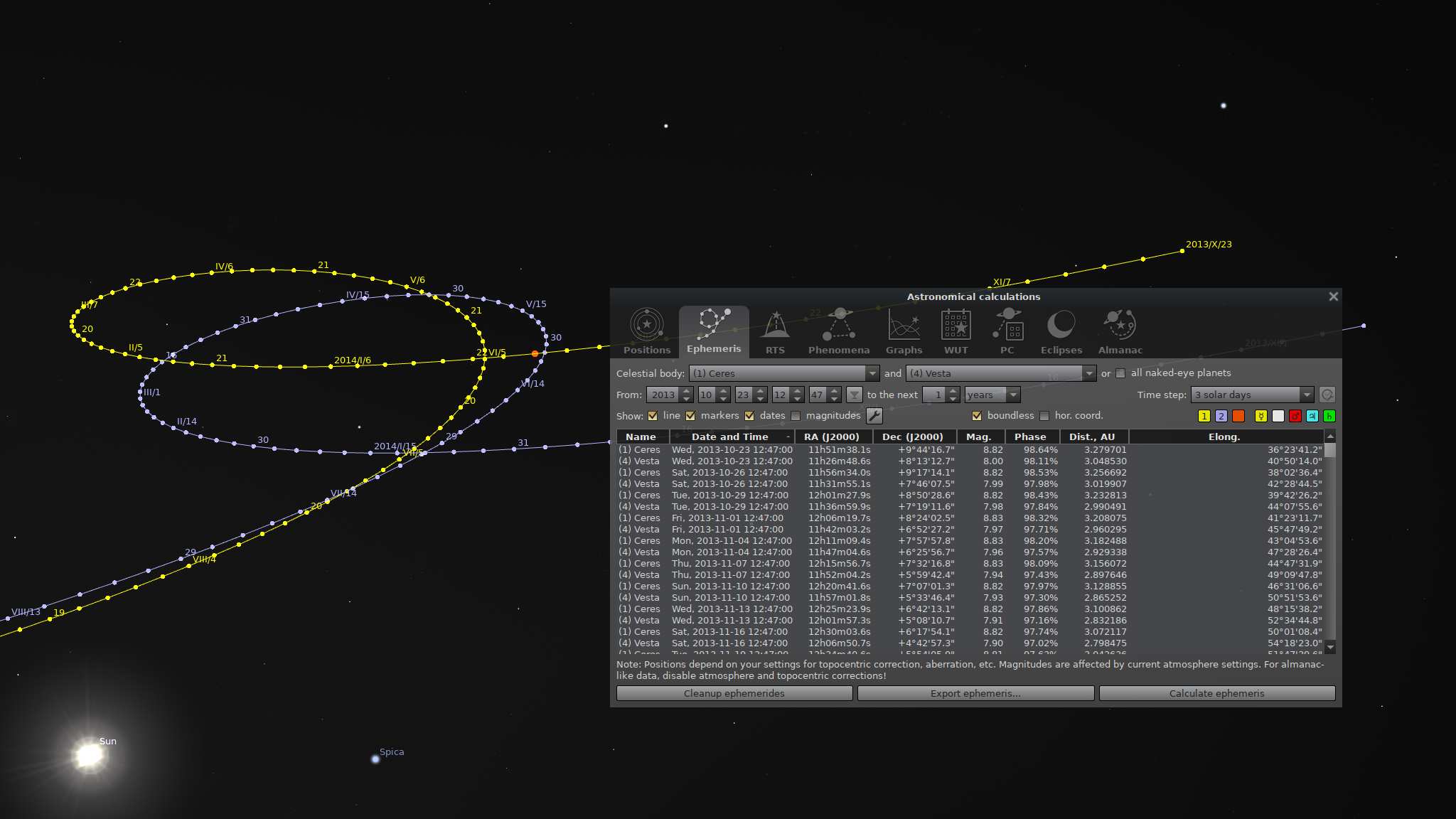 Stellarium AstroCalc: несколько рассчитанных траекторий на фоне звёздного неба