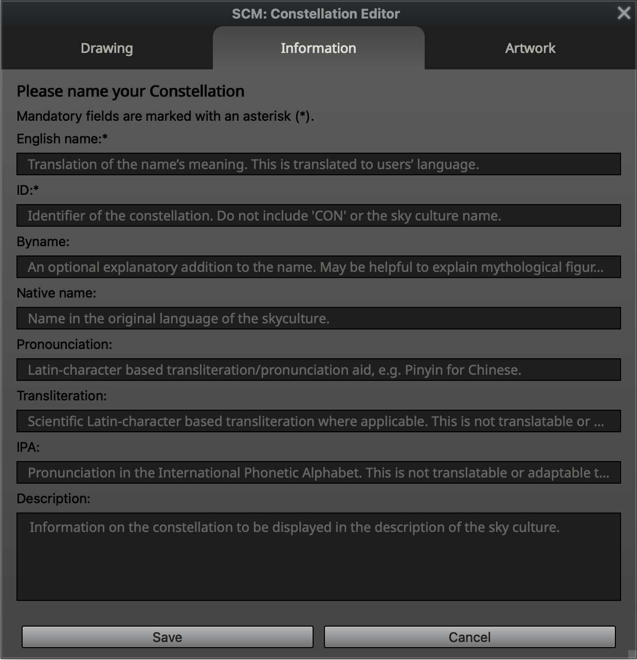 Stellarium Sky Culture Maker: информационная вкладка редактора созвездия
