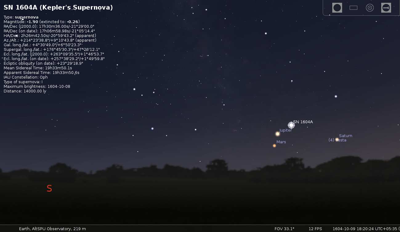 Stellarium: вид звёздного неба с выбранной исторической сверхновой и информацией об объекте