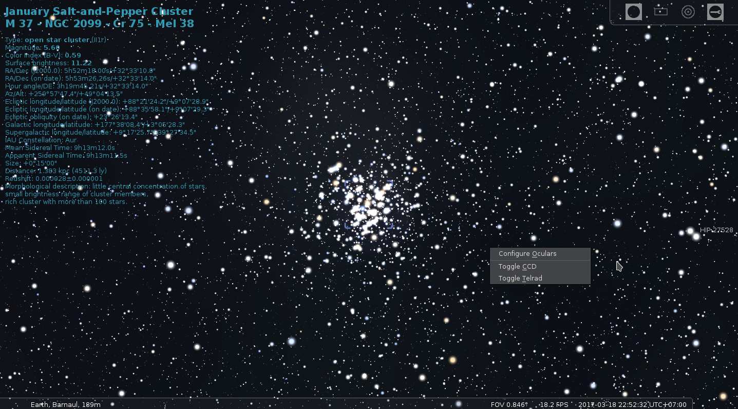 Stellarium Oculars: меню управления полем оборудования на звёздной карте