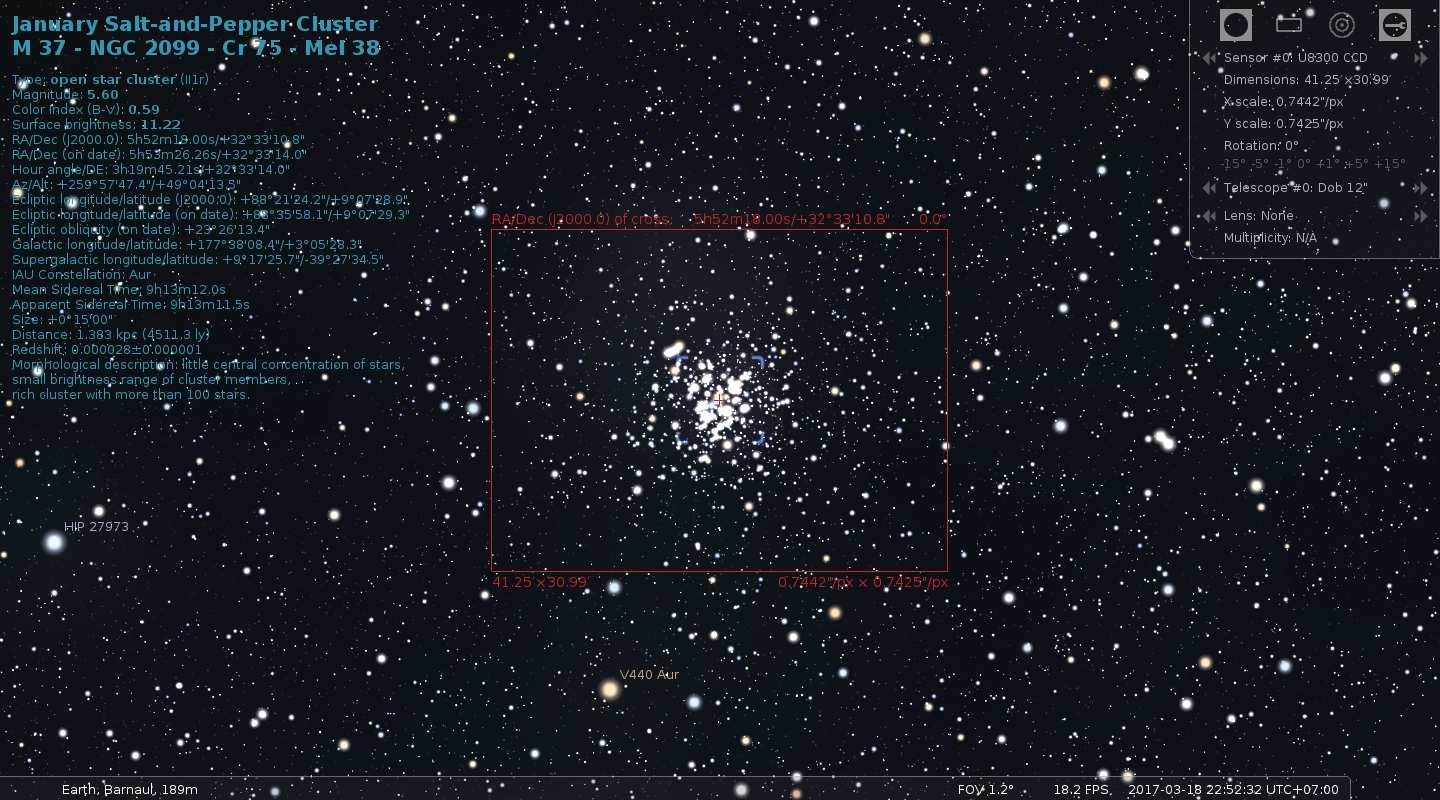 Stellarium Oculars: рамка сенсора камеры вокруг звёздного скопления