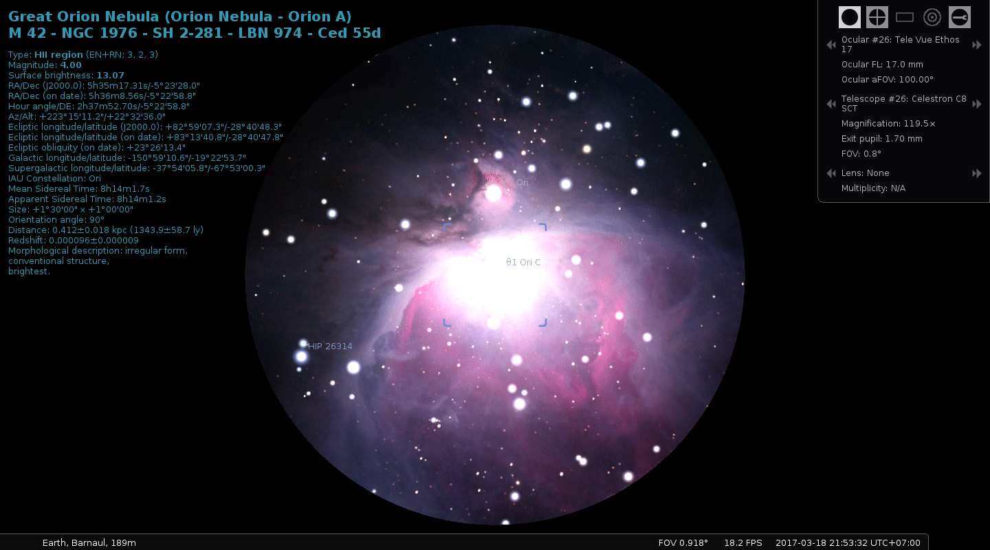 Stellarium Oculars: окулярное поле на области туманности Ориона