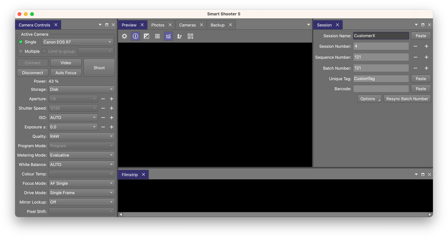 Интерфейс Tether Tools Smart Shooter: Session: счётчики, имя проекта и уникальные поля