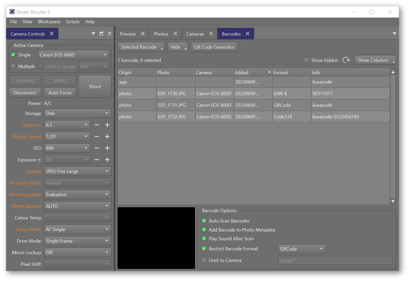 Интерфейс Tether Tools Smart Shooter: Настройки распознавания кодов
