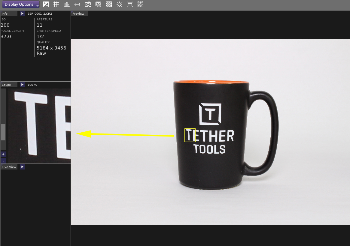 Интерфейс Tether Tools Smart Shooter: Preview, Filmstrip и Loupe после съёмки