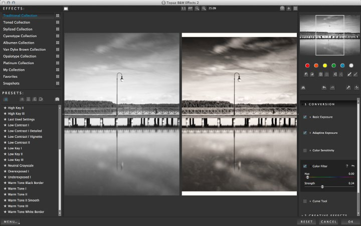 Интерфейс Topaz B&W Effects с раздельным просмотром исходника и результата