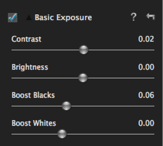 Панель Basic Exposure с Contrast, Brightness, Boost Blacks и Boost Whites