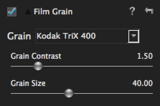 Панель Film Grain с выбором типа зерна, контраста и размера