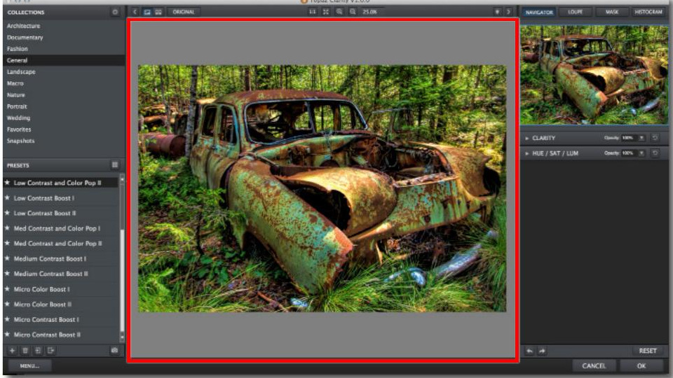 Область Preview в Topaz Clarity с кнопками просмотра и масштабирования