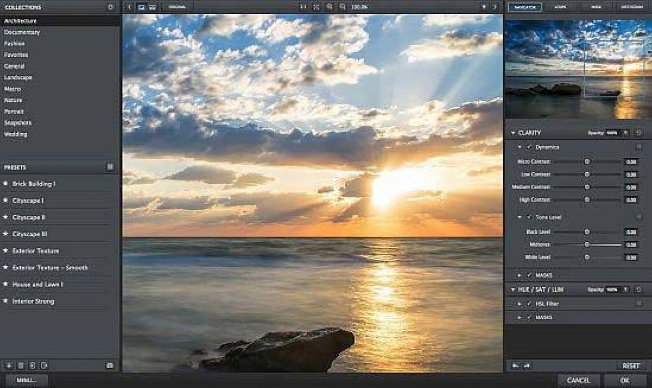 Topaz Clarity с пейзажем и панелями Dynamics, Tone Level и HSL