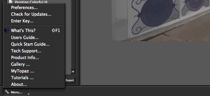Меню Help в Topaz Simplify