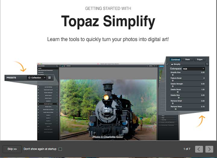 Начальный экран знакомства с рабочим процессом Topaz Simplify