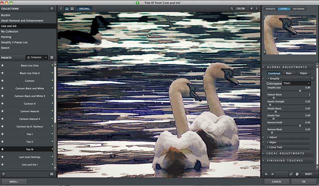 Окно Topaz Simplify с режимами Combined, Base и Edges