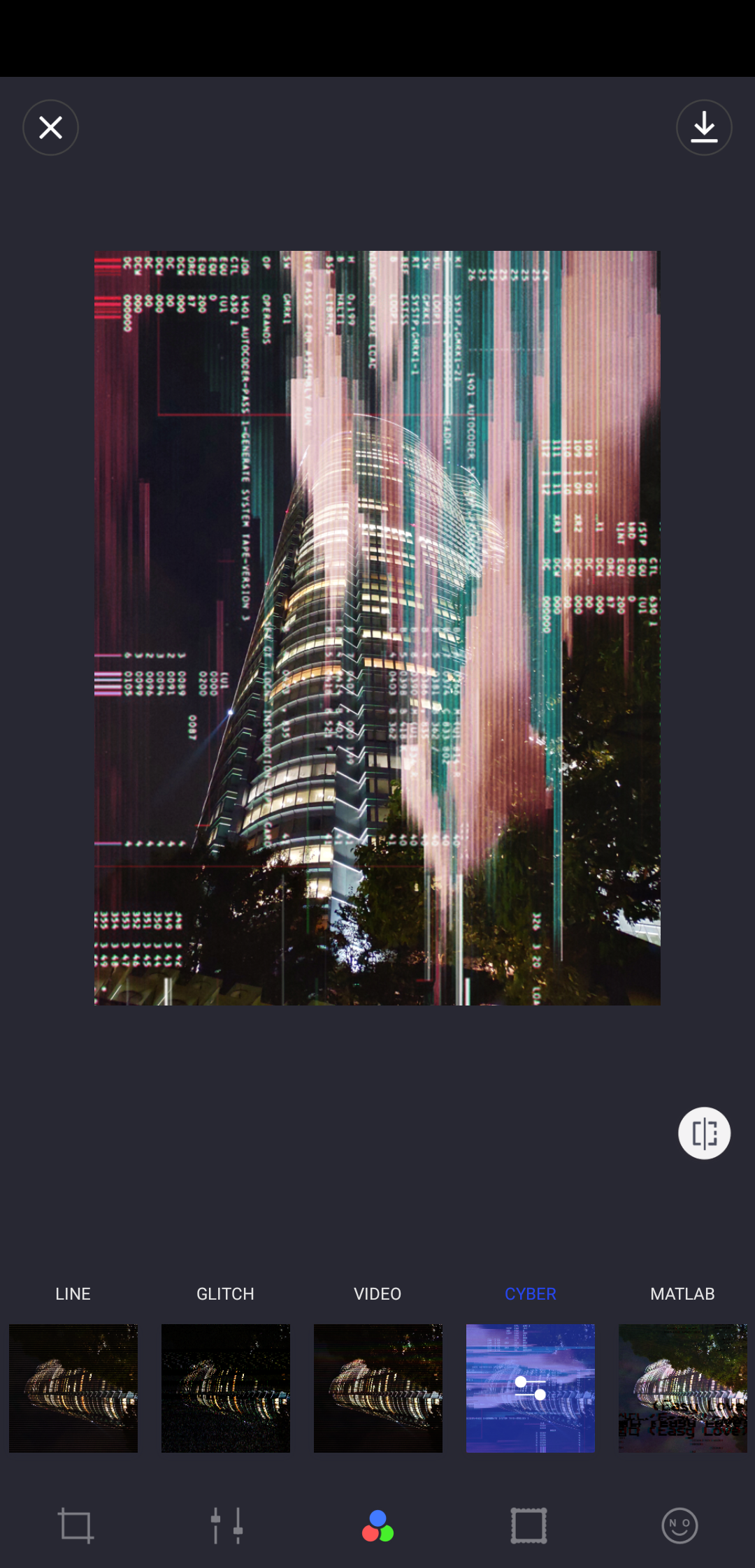 VaporCam: фильтр Cyber и лента вариантов glitch-обработки