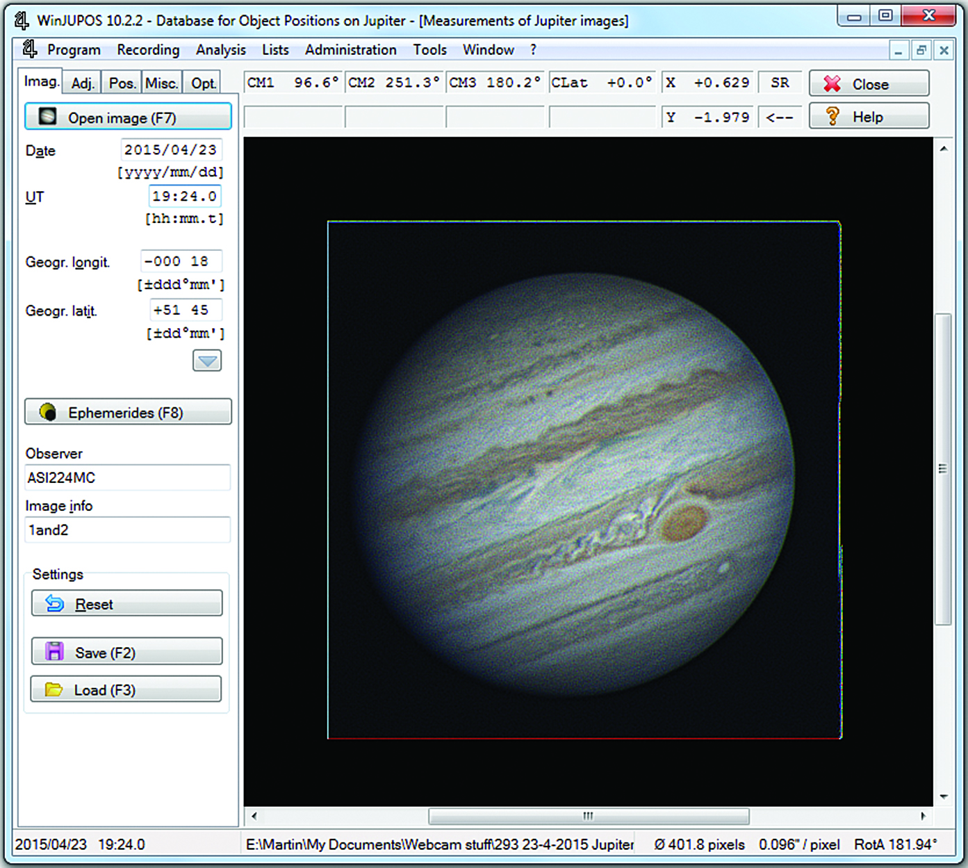 WinJUPOS: исходный кадр Юпитера в окне Image measurement