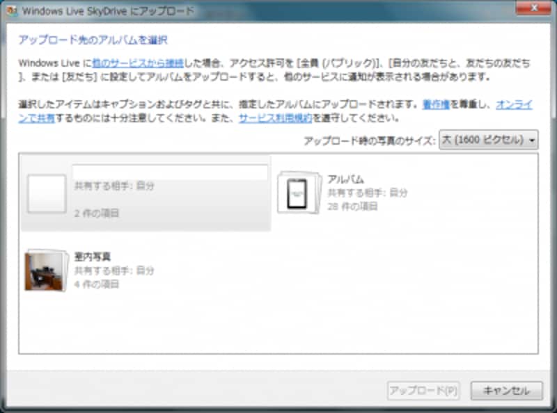 Диалог отправки фотографий в SkyDrive из Windows Live Photo Gallery