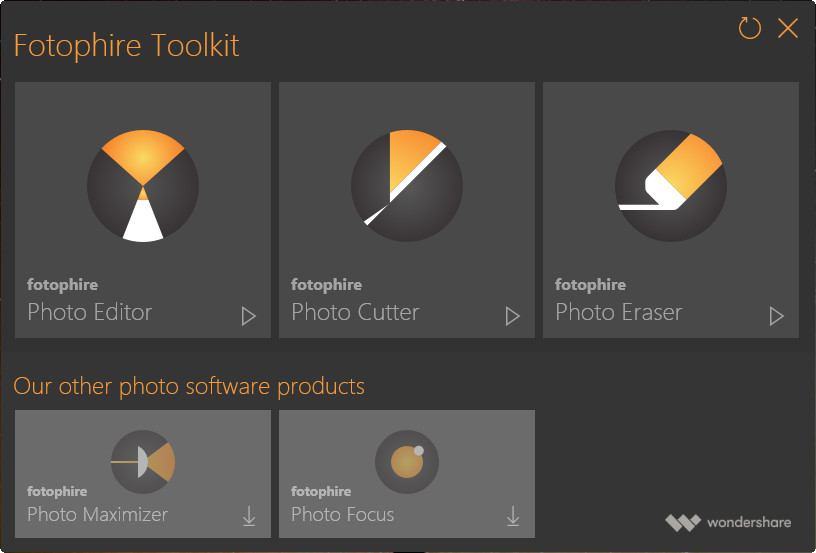 Главное окно выбора инструментов Wondershare Fotophire Editing Toolkit
