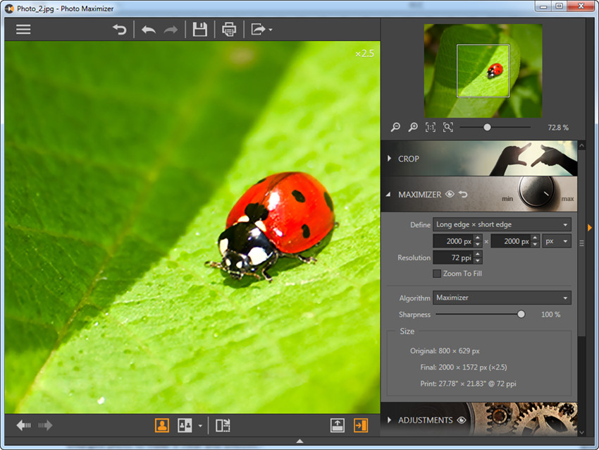 Настройка длинной и короткой стороны в Fotophire Maximizer