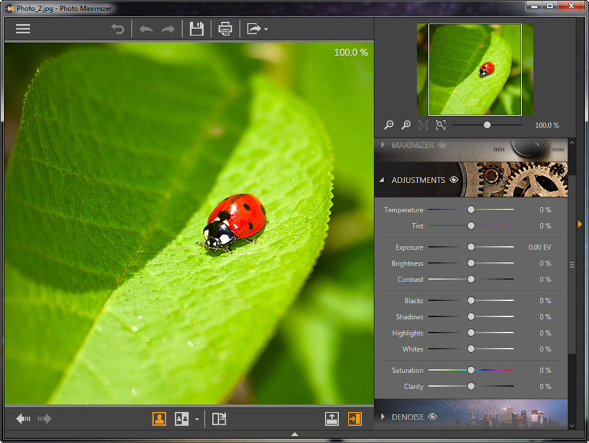 Панель Adjustments с цветокоррекцией в Fotophire Maximizer