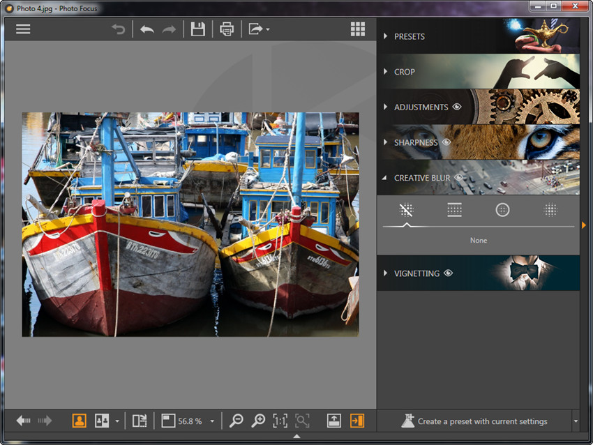 Режимы Linear Blur, Radial Blur, Custom Blur и None в Creative Blur