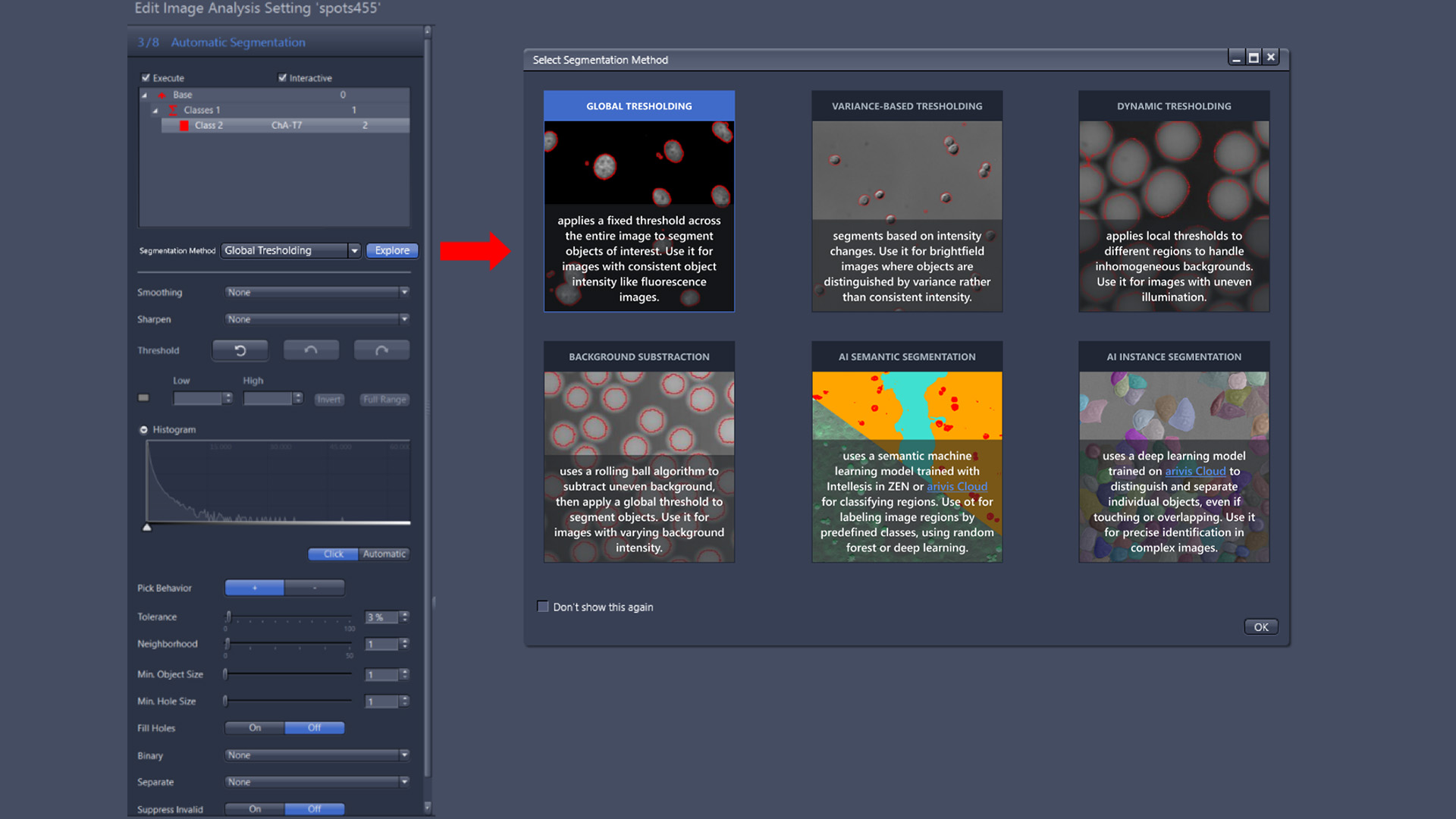 Выбор метода сегментации в Image Analysis Wizard ZEISS ZEN